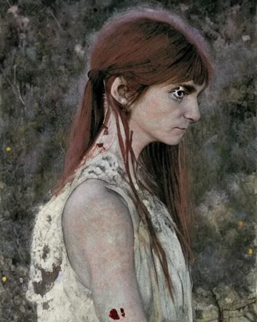 Prompt: a beautiful but sinister girl who looks like a young shirley henderson in dead space, with haunted eyes and crazy hair, eerie moorlands behind her, horrifying, 1 9 7 0 s, seventies, delicate embellishments, a little blood, crimson, painterly, offset printing technique, by jules bastien - lepage and mary jane ansell