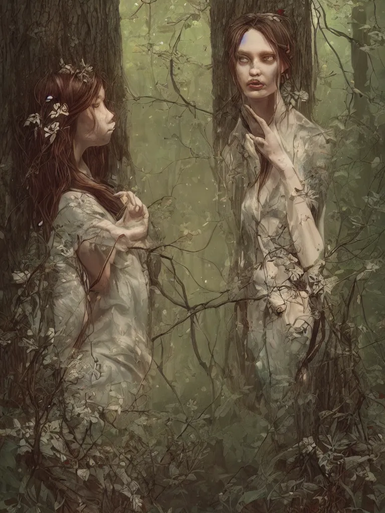 Image similar to artist james jean and sam spratt beautiful illustration of a nature - loving women in the woods, high detail, artstation, natural colors,