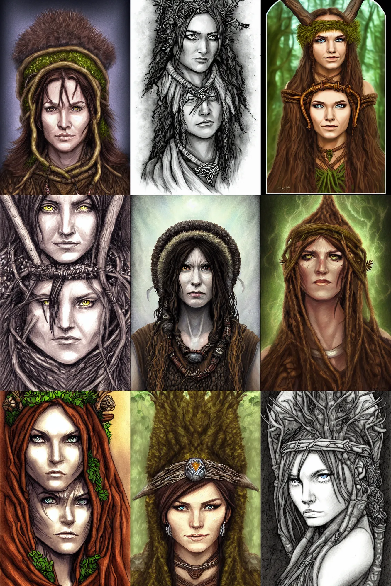 Prompt: head and shoulders portrait of a druid, female, high fantasy, dnd, by dixon