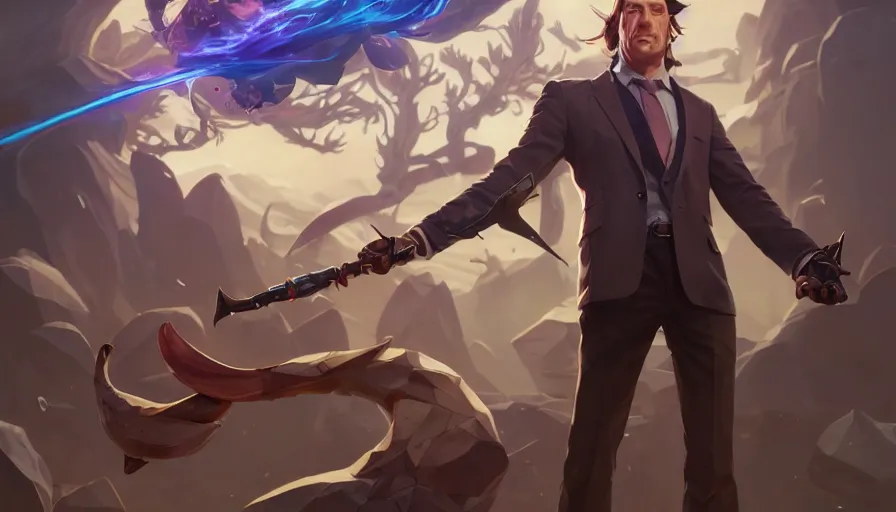 Image similar to full body portrait of saul goodman, solo, league of legends champion splash art, legal office, in - frame, photorealistic facial features, right side composition, art by pete mohrbacher and guweiz and ilya kuvshinov, highly detailed, intricate, sharp focus, unreal engine 5, 4 k uhd