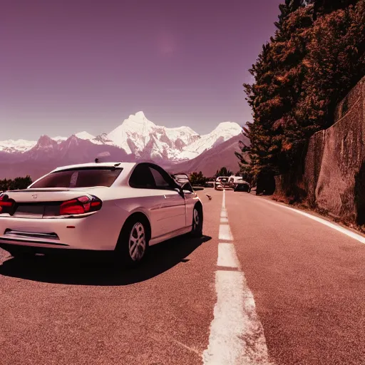 Image similar to modern minimalistic car, professional photography, vaporwave, mountains in the background