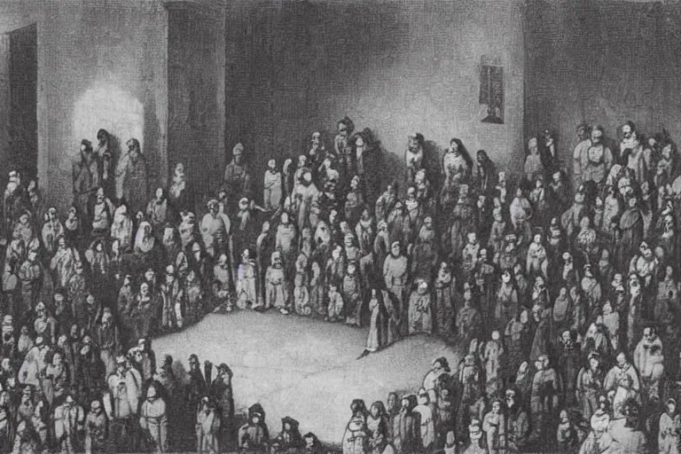 Image similar to photograph of a room of people staring at a live demon
