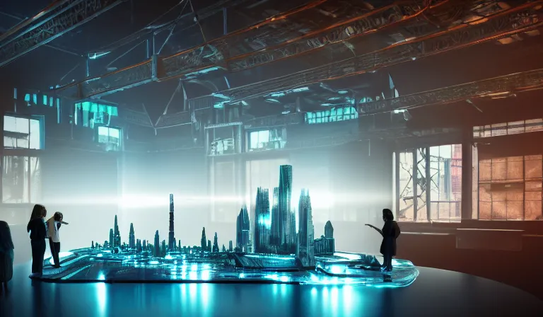 Image similar to group of people in walled warehouse, looking at hologram of futuristic city on a table, cinematic concept art, godrays, golden hour, natural sunlight, 4 k, clear details, tabletop model buildings, center model buildings, hologram center, crane shot, crane shot, crane shot