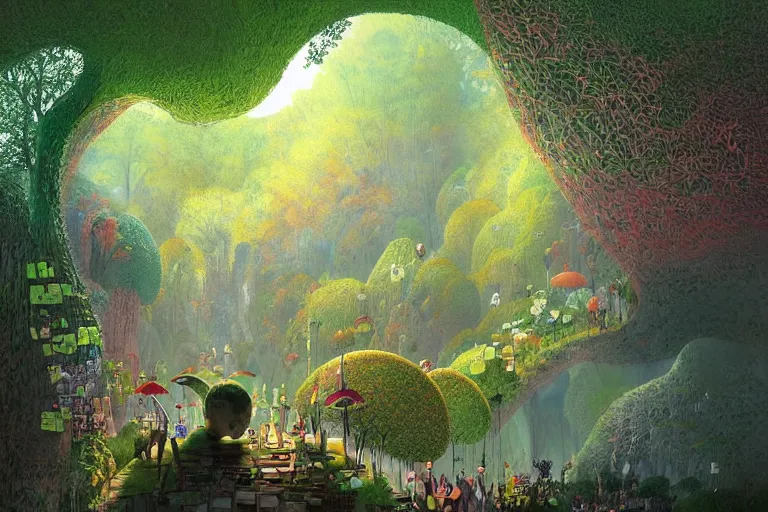 Image similar to surreal glimpse into other universe, bamboo cave, summer morning, very coherent and colorful high contrast, art by!!!! gediminas pranckevicius!!!!, geof darrow, dark shadows, hard lighting