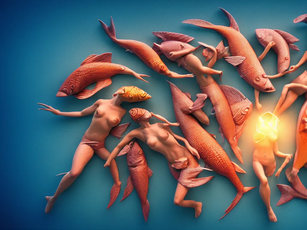Image similar to a sculpture of fish group ocean intertwined, diode lighting, a lovely cornucopia of flowers and human body parts, body parts, highly detailed, octane render, cinematic, sharp focus, clean, studio lighting, sunset