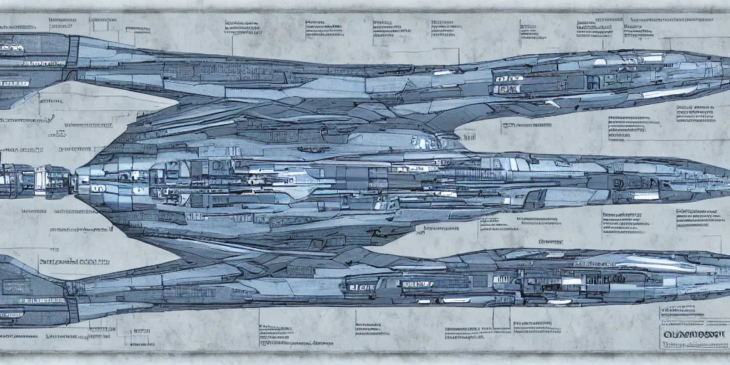 Prompt: detailed infographic blueprint of one messenger spaceship in the style of eve online by john howe