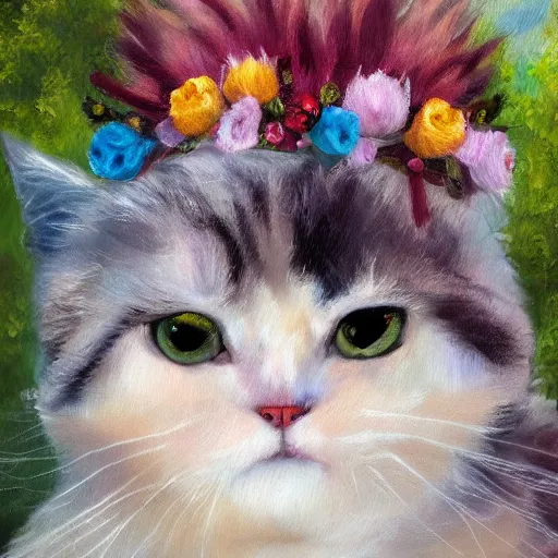 Prompt: anthromorphic fluffy bicolor rag doll cat dressed in princess dress with flower crown, detailed 4 k oil painting