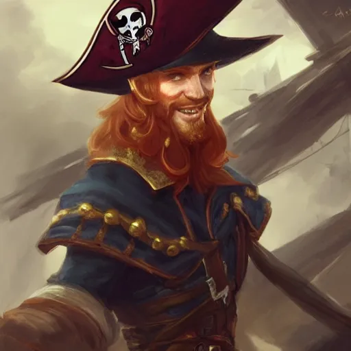 Prompt: dashing charming ginger grinning charismatic elf male rogue, wearing pirate captain's tricorne hat, naval background, amazing, portrait, stunning, trending on art station, artgerm, Greg rutkowski