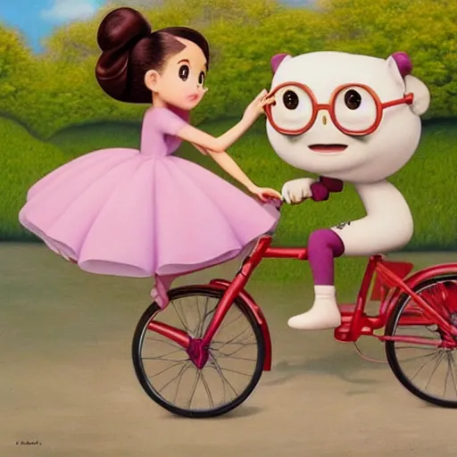 Prompt: ariana grande on a tricycle, lowbrow painting by mark ryden and pixar and hayao miyazaki