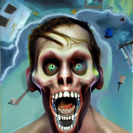 Prompt: Jerma985 descending to a new level of insanity, madness, oil on canvas, insanely detailed