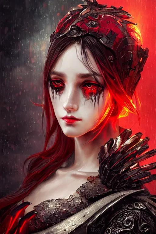 Image similar to portrait sinister knights of Zodiac girl+smoky eyes, black fire red color reflected armor, in ruined Agora of Athens rainy night, ssci-fi and fantasy, intricate and very very beautiful and elegant, highly detailed, digital painting, artstation, concept art, smooth and sharp focus, illustration, art by tian zi and WLOP and alphonse mucha