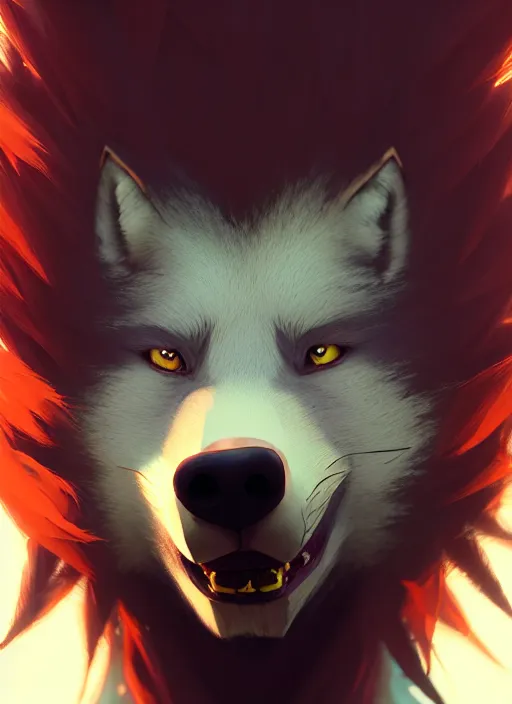 Image similar to beautiful headshot portrait of a black male anthropomorphic wolf fursona long red hair. character design by cory loftis, fenghua zhong, ryohei hase, ismail inceoglu and ruan jia. artstation, volumetric light, highly detailed, photorealistic, fantasy, rendered in octane