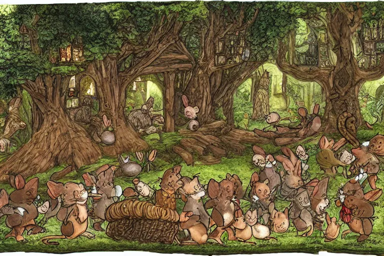 Image similar to an elaborate and dense scene from redwall abbey in mossflower wood with lots of medieval anthropomorphic mice and rabbits and otters, detailed by brian jacques and greg rutowski