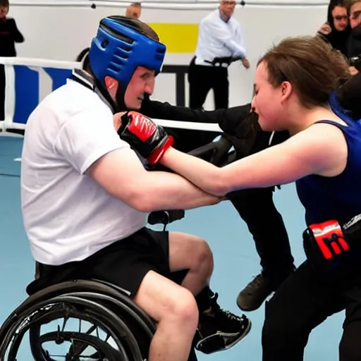 Prompt: François Hollande fighting a teen girl in a wheelchair in a MMA cage fight