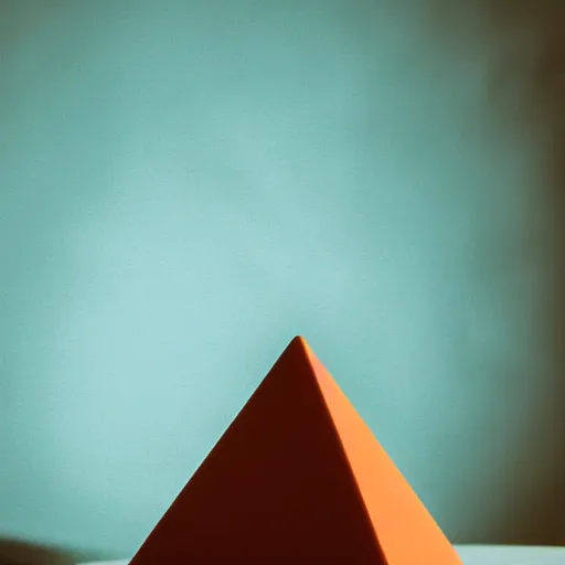 Image similar to a small glowing orange pyramid floating above an open palm, dark lighting