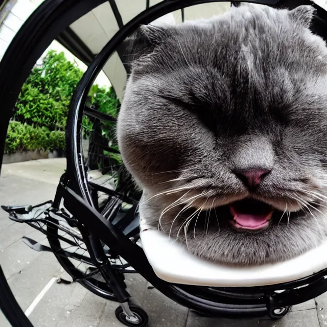 Image similar to fisheye photo of super fat angry cat sitting in a wheelchair