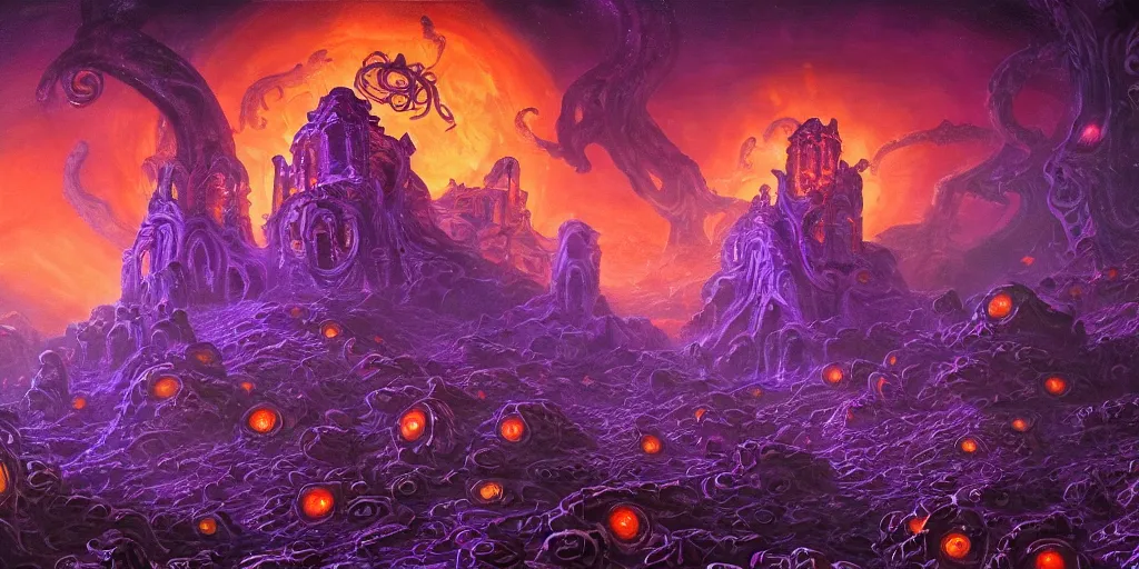 Prompt: purple lovecraftian temple ruins in space covered in orange glowing eyes and tendrils, Cthulhu looming in the distance, 4k, oil painting