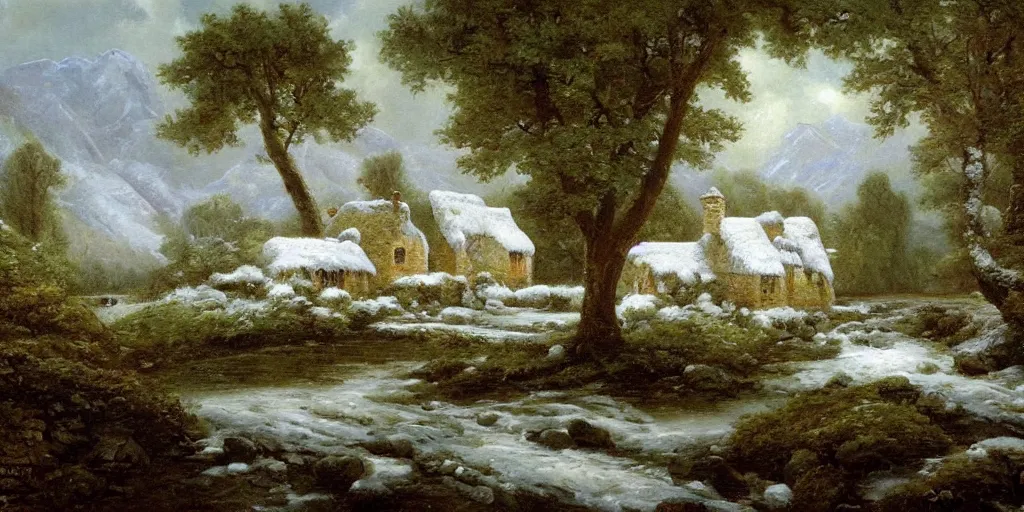 Prompt: a beautiful landscape painting of a cottage by a river in a valley, snowing, by john glover, oil on canvas, highly detailed, hd, 4 k