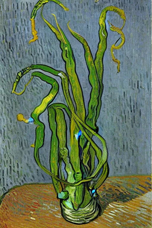 Image similar to Fiddleheads, painted by Vincent Van Gogh (1890), oil on canvas, detailed brushstrokes