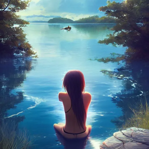 Prompt: woman sitting with her feet in a lake, beautiful and relaxing, very very very long hair, Makoto Shinkai ilya kuvshinov and Wojtek Fus