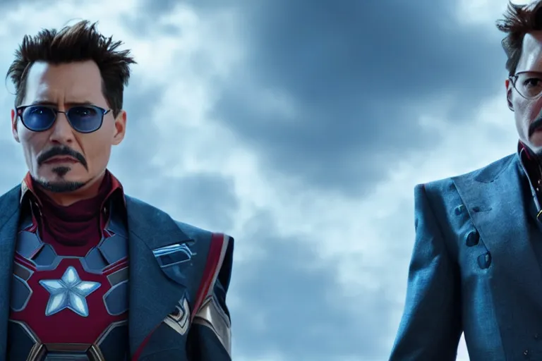 Image similar to film still of Johnny Depp as Tony Stark in new avengers movie, 4k