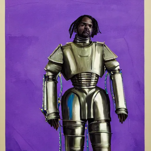 Image similar to Pusha T standing in front of Washington DC capitol hill in the 19th century wearing purple and blue robot mech armour suite in naturalistic technique, bold brushwork, light and shadow, depth. Sense of movement H 576