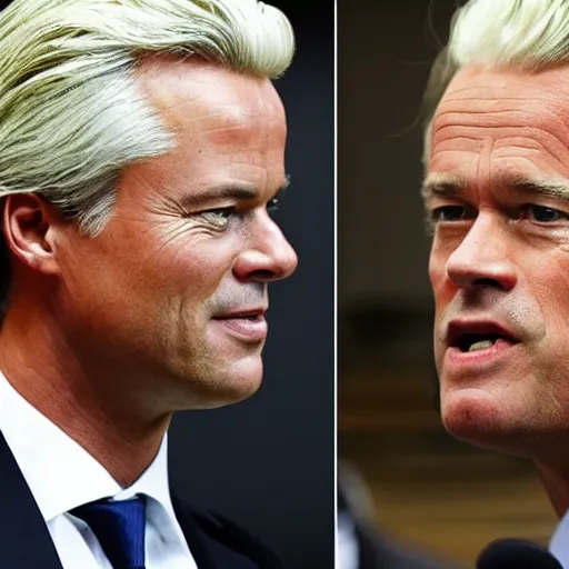 Image similar to mark rutte and geert wilders holding hands while looking at each other in the style of gustav klimt