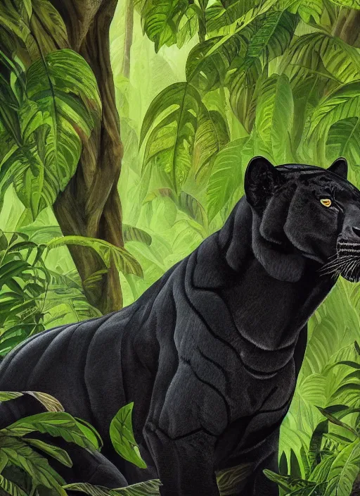 Image similar to a beautiful painting portrait of a black jaguar surrounded by the leaves of the jungle, highly detailed close up, fantasy art, matte painting