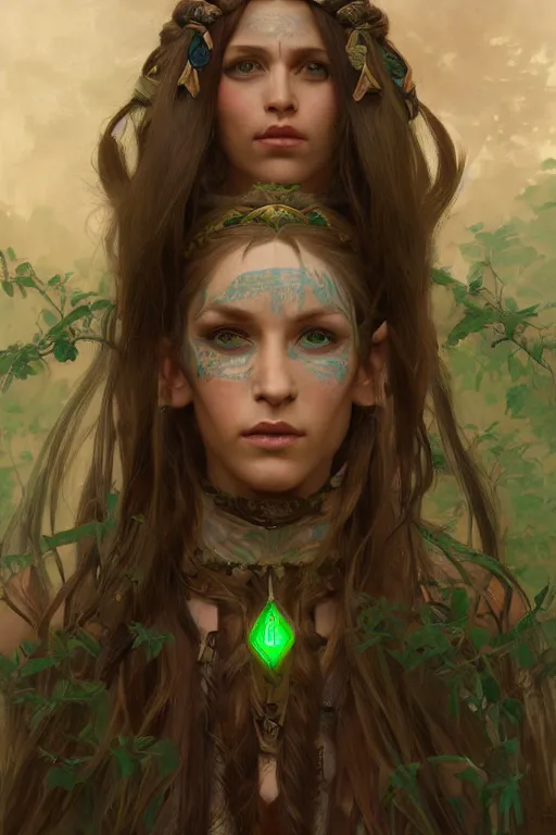 Prompt: a highly detailed portrait painting of a beautiful healer elf female, long brown hair with braids and green highlights, long elf ears, facial tribal markings, by greg rutkowski and alphonse mucha, sharp focus, matte, concept art, artstation, digital painting