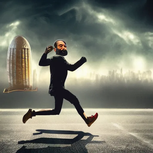 Prompt: man running away from a giant with bitcoin head, sci-fi, cinematic, cryptocurrency, hyperdetailed, 4k