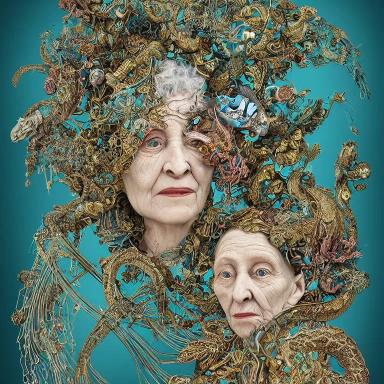 Prompt: cinema 4d colorful render, organic, dark scene, ultra detailed, of a porcelain old woman's with snake hair. biomechanical, analog, macro lens, hard light, big leaves and large Dragonflies, stems, roots, fine foliage lace, turquoise gold details, high fashion haute couture, art nouveau fashion embroidered, intricate details, mesh wire, mandelbrot fractal, anatomical, facial muscles, cable wires, elegant, hyper realistic, in front of dark flower pattern wallpaper, ultra detailed