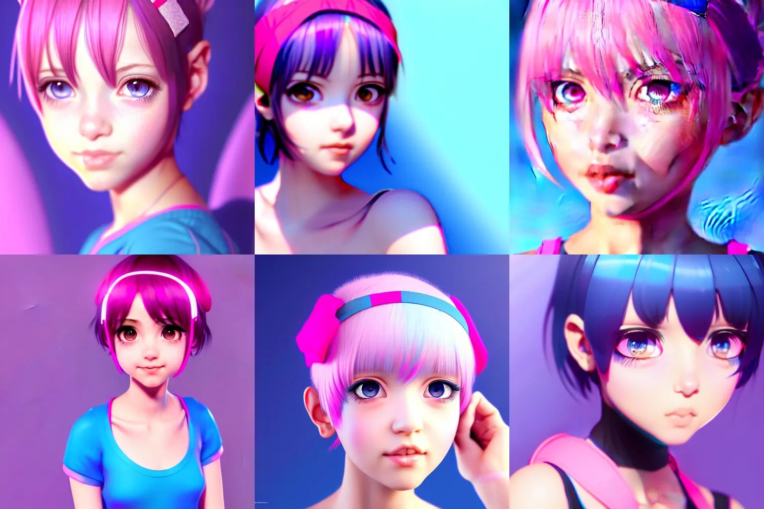 Prompt: girl with short blue hair and pink headband, artstation, kyoani, high resolution, 4k, lighting