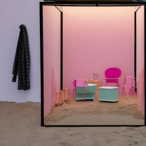 Prompt: An ultra high definition, professional photograph of an outdoor partial IKEA showroom inspired sculpture located on a pastel pink beach ((with pastel pink, dimpled sand where every item is pastel pink. )) The sun can be seen rising through a window in the showroom. The showroom unit is outdoors and the floor is made of dimpled sand. The showroom unit takes up 20% of the frame. Morning time indirect lighting with on location production lighting on the showroom. In the style of wallpaper magazine, Wes Anderson.