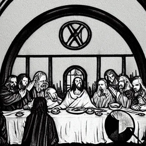 Prompt: the fellowship of the ring at the last supper