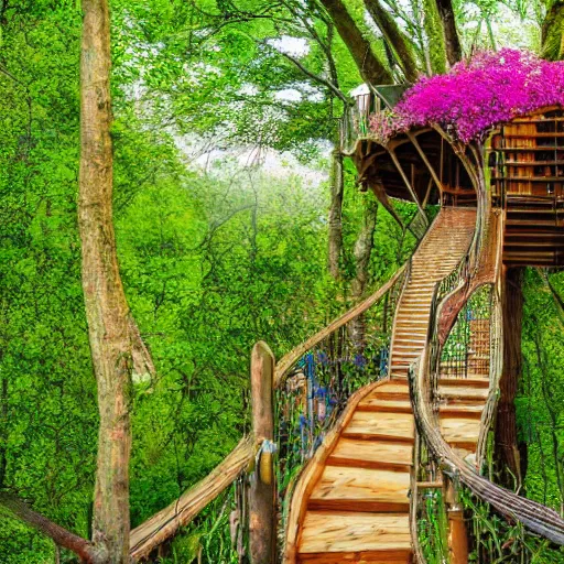 Image similar to a staircase to a treehouse covered in flowers, hd, high detail, vivid color