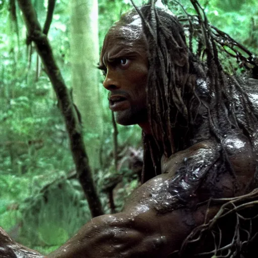 Image similar to film still of a mud - covered dwayne johnson as dutch hiding behind a tree from the predator in predator 1 9 8 7, hd, 8 k