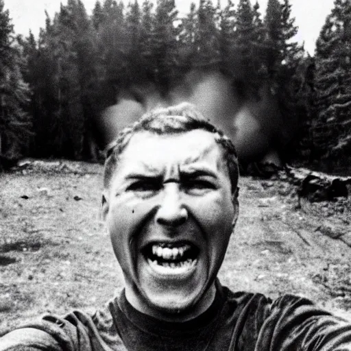 Image similar to last selfie of last alive of frightened funny ukrainian is trying to escape, badly injured from radiation from a huge nuclear explosion, a nuclear missile flies right at him