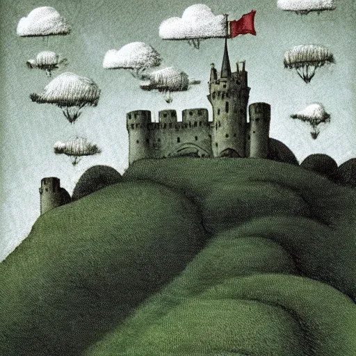 Image similar to A beautiful digital art of a castle in the clouds. graphic design by Maurice Sendak delicate