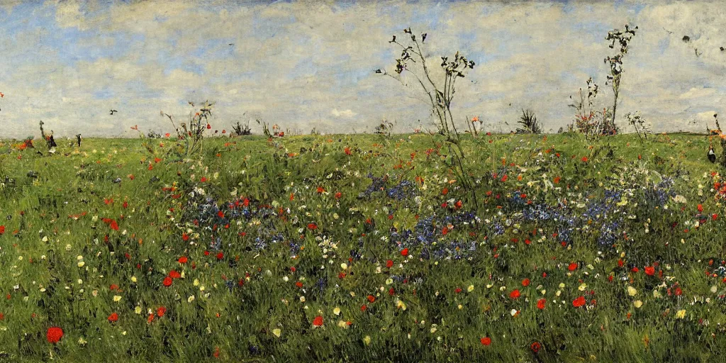 Prompt: smoking wreckage of a crashed spaceship in a field of wildflowers, low angle, wide angle, close-up, very detailed, by Jules Bastien-Lepage, Kazimir Malevich