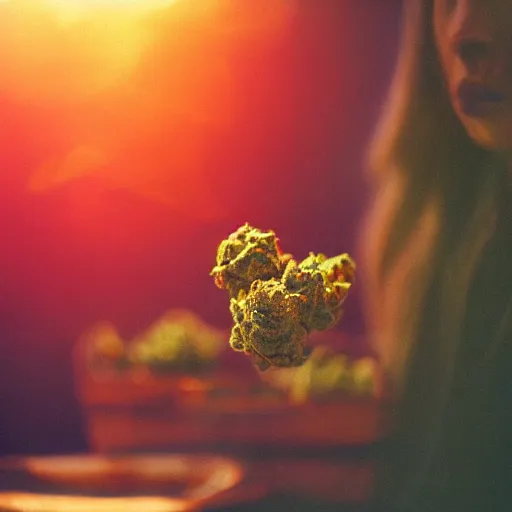 Prompt: kitchen witches brewing cannabis candy high detail realistic cinestill cinematic golden hour volumetric