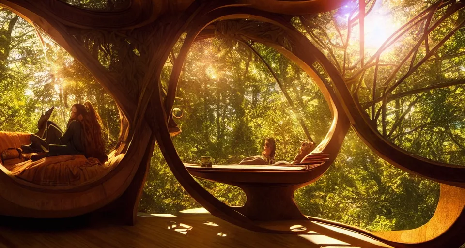 Prompt: An incredibly beautiful scene from a 2022 sci-fi film featuring a cozy art nouveau reading nook in a fantasy treehouse. Golden Hour. 8K UHD.