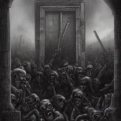 Image similar to 9 steel barrels in a cemetery of zombies, creepy atmosphere, dark, portrait, realistic, illustration by gustave dore