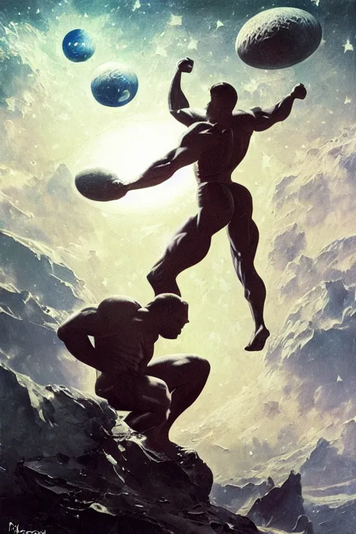 Prompt: huge bodybuilding king on venus in sunshine, space and nebula and stars background, by ruan jia, jack kirby, norman rockwell, wayne barlow, sergey krasovskiy, zdzislaw beksinski, artstation creature