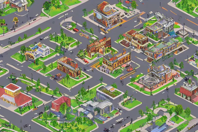 Image similar to isometric of townsquare, artwork by tooth wu