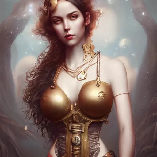 Prompt: By Tom Bagshaw, a very beautiful steampunk female body portrait in bra and hotpants, symmetric body features proportions, intricate details, focus, realistic eyes looking at camera, golden ratio, ruins by night, award winning, unreal render