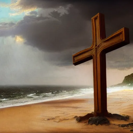 Image similar to a highly detailed portrait of a large cross standing on the beach as a storm comes in with the tide, a beautiful blonde woman sitting in the sand watching the ocean, epic fantasy, god rays, rocky beach, aerial photography, volumetric lighting, octane render, exquisite detail, 8 k, art by norman rockwell and albert bierstadt