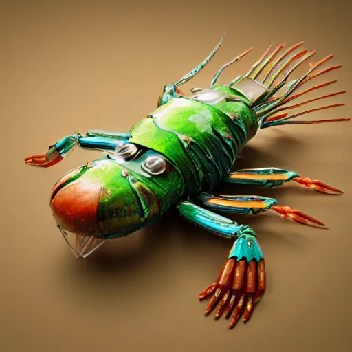 Image similar to a robotic shrimp, god, evil, villain, studio, studio background, sharp focus, dynamic lights, still, photograph, hyper realistic, masterpiece, digital, octane render, rendered, 3 d, blender, 3 d software, cinematic, cinematic lighting, dramatic lighting, dramatic, highly detailed, intricate details, texture, slime, cinematic composition