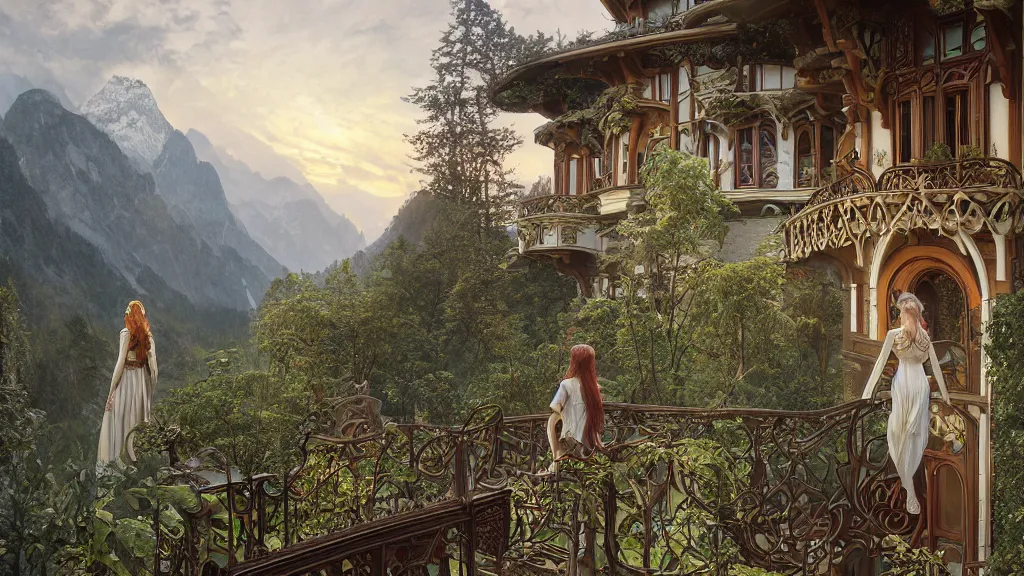 Image similar to a beautiful painting of art nouveau swiss chalet elven rivendell at sunrise, with an elven girl looking out from her balcony, intricate, elegant, highly detailed, digital painting, artstation, concept art, by krenz cushart and artem demura and alphonse mucha