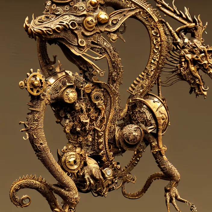 Image similar to highly detailed ancient clockwork artifact depicting a dragon made of bronze and ivory and encrusted with precious jewels, beautiful patina, ethereal, esoteric, zbrush sculpt, octane render, intricate, ornate, cinematic lighting, hyperrealistic, ancient steampunk vibe