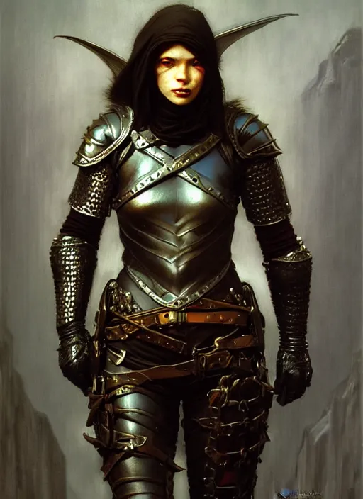 Image similar to female thief, leather armor, full body, hyper realistic, extremely detailed, dnd character art portrait, dark fantasy art, intricate fantasy painting, dramatic lighting, vivid colors, deviantart, artstation, by edgar maxence and caravaggio and michael whelan and delacroix.